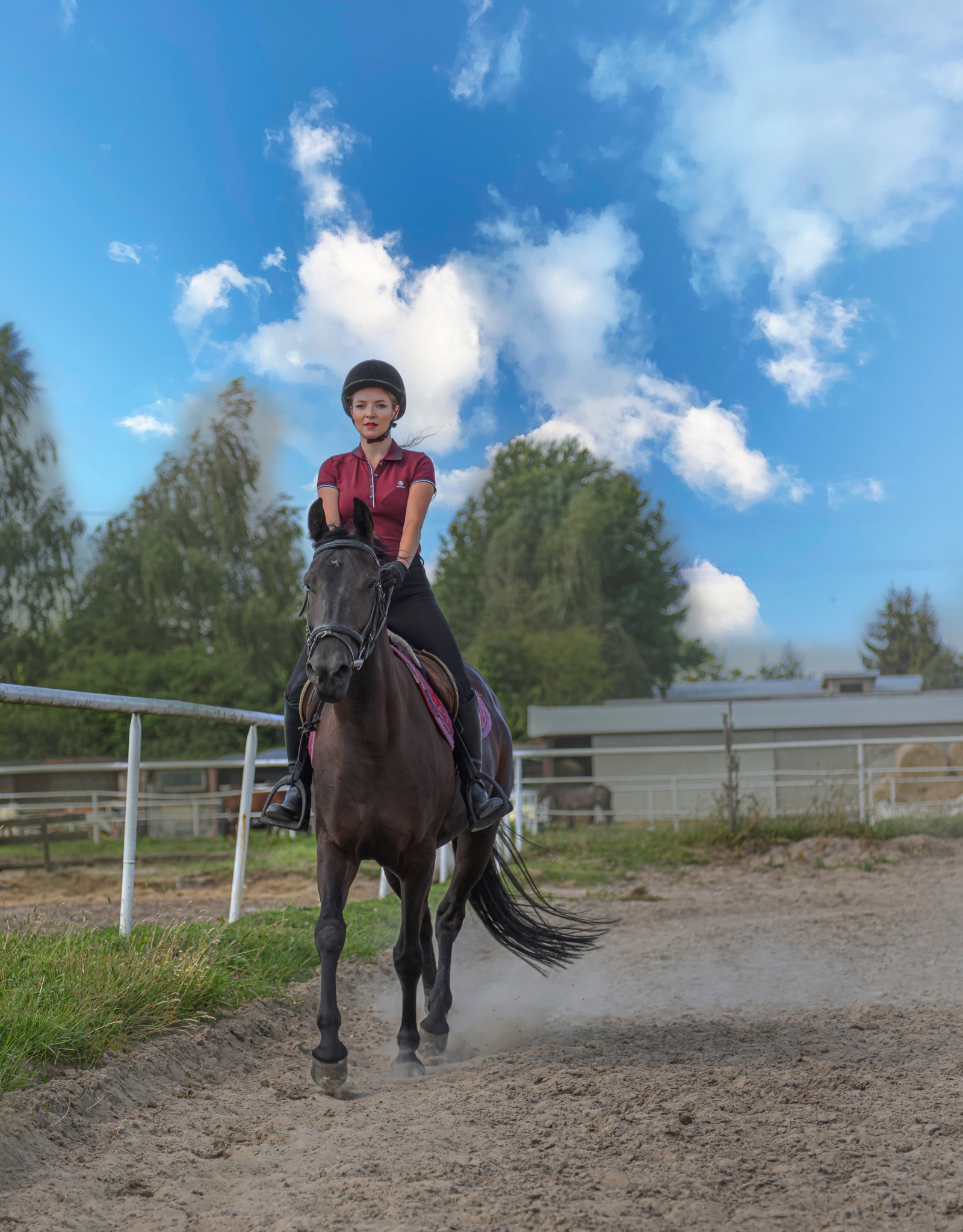 Młoda kobieta w kasku na koniu rasy fryzyjskiej na piaszczystym padoku, w tle budynki stajni i drzewa pod błękitnym niebem.