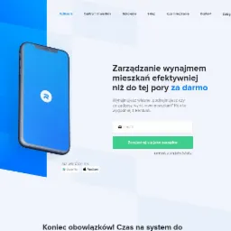 Strona internetowa z interfejsem aplikacji mobilnej do zarządzania wynajmem mieszkań, prezentowana na smartfonie z logo firmy.