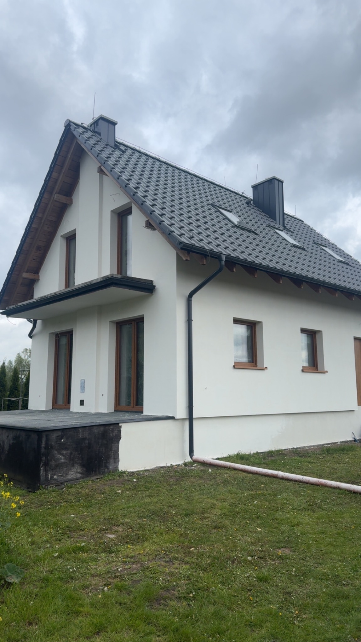 Nowoczesny dom jednorodzinny z jasną elewacją i ciemną dachówką, widoczny z perspektywy ogrodu w pochmurny dzień. Detale architektoniczne podkreślone.