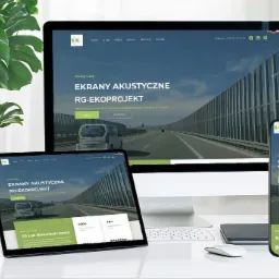 Prezentacja responsywnej strony internetowej na monitorze, tablecie i smartfonie, z widocznym zielonym logo RG, przedstawiającej ekrany akustyczne wzdłuż autostrady, obok doniczka z rośliną.