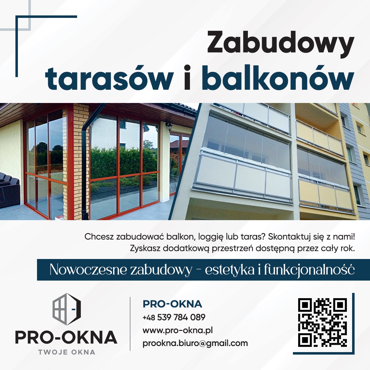 Zabudowa tarasów i balkonów z przeszkleniami, prezentowana na dwóch ujęciach: zabudowa tarasu przy domu i zabudowa balkonów w bloku mieszkalnym. Reklama firmy.