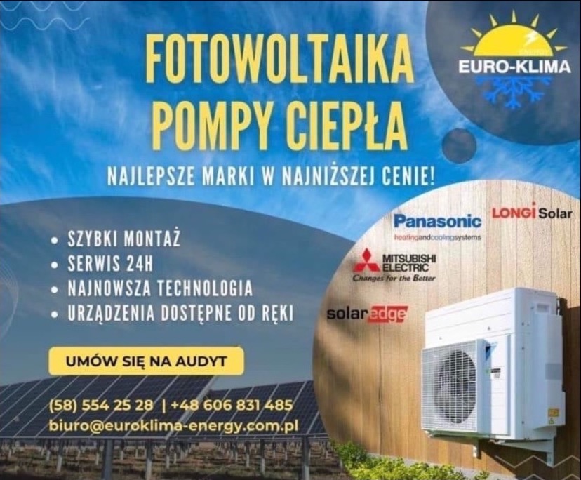 Grafika reklamowa z hasłami o fotowoltaice i pompach ciepła, logotypami producentów (Panasonic, Mitsubishi Electric, SolarEdge, Longi Solar) oraz zewnętrzną jednostką klimatyzacji lub pompy ciepła...