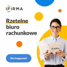 Uśmiechnięta kobieta w okularach trzymająca otwartą książkę z logo firmy na tle grafiki z napisem 'Rzetelne biuro rachunkowe' i przyciskiem 'Zleć księgowość'.