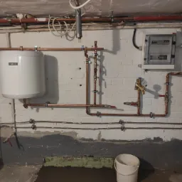 Biały bojler z miedzianą instalacją wodną na tle ceglanej ściany w piwnicy, widoczna skrzynka elektryczna i plastikowe rury pod sufitem.