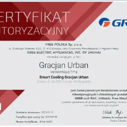 Skan certyfikatu autoryzacji firmy Smart Cooling Gracjan Urban, wydanego przez FREE POLSKA Sp. z o.o., potwierdzającego uprawnienia do instalacji i serwisu urządzeń klimatyzacyjnych GREE.