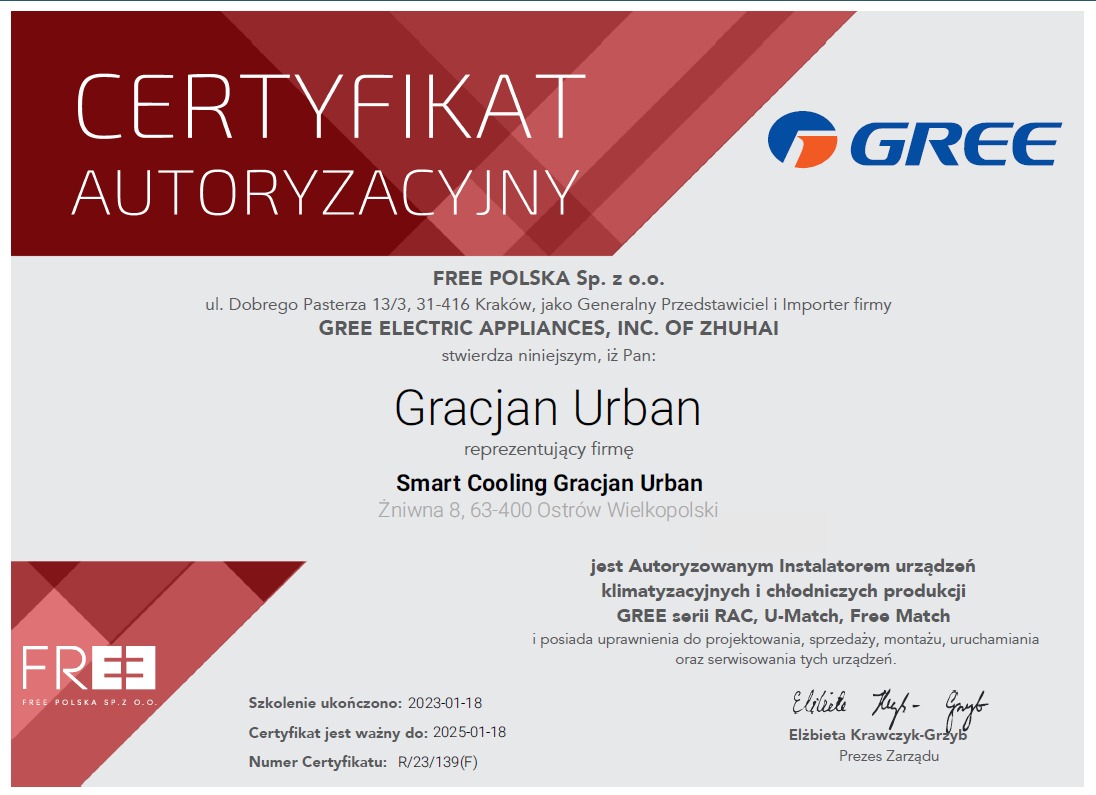 Skan certyfikatu autoryzacji firmy Smart Cooling Gracjan Urban, wydanego przez FREE POLSKA Sp. z o.o., potwierdzającego uprawnienia do instalacji i serwisu urządzeń klimatyzacyjnych GREE.