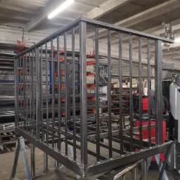 Konstrukcja metalowa z pionowych prętów, prawdopodobnie fragment balustrady lub ogrodzenia, spawana w warsztacie, widoczne ślady spawania, na tle regałów z materiałami.