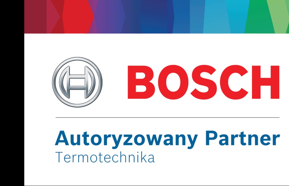 Logo Bosch Autoryzowany Partner Termotechnika na białym tle z kolorowym elementem graficznym u góry.