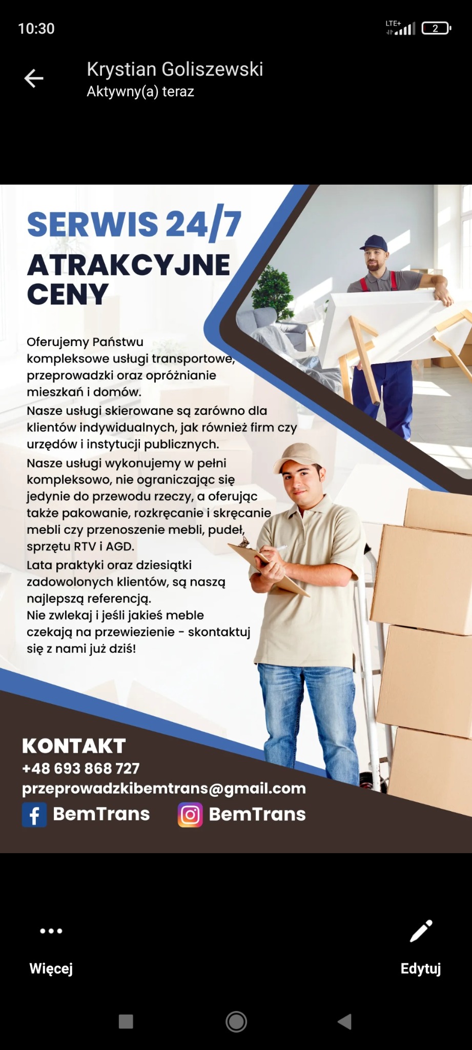 Grafika reklamowa firmy transportowej: mężczyzna z clipboardem na pierwszym planie, w tle pracownik przenosi biały stolik, obok kartony, oferta serwisu 24/7 i atrakcyjne ceny, dane kontaktowe.