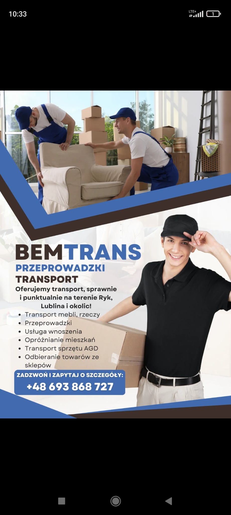 Dwóch mężczyzn w kombinezonach transportuje kremowy fotel na tle kartonów i drabiny, u góry logo firmy transportowej z hasłem Przeprowadzki i Transport.