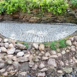 P&oacute;łokrągła powierzchnia wyłożona drobną, szarą kostką granitową, otoczona większymi kamieniami i roślinnością w ogrodzie.
