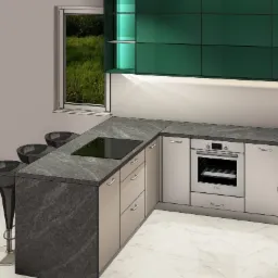 Wizualizacja nowoczesnej kuchni z zielonymi szafkami wiszącymi, szarym blatem, białymi frontami szafek dolnych i trzema czarnymi hokerami przy wyspie.