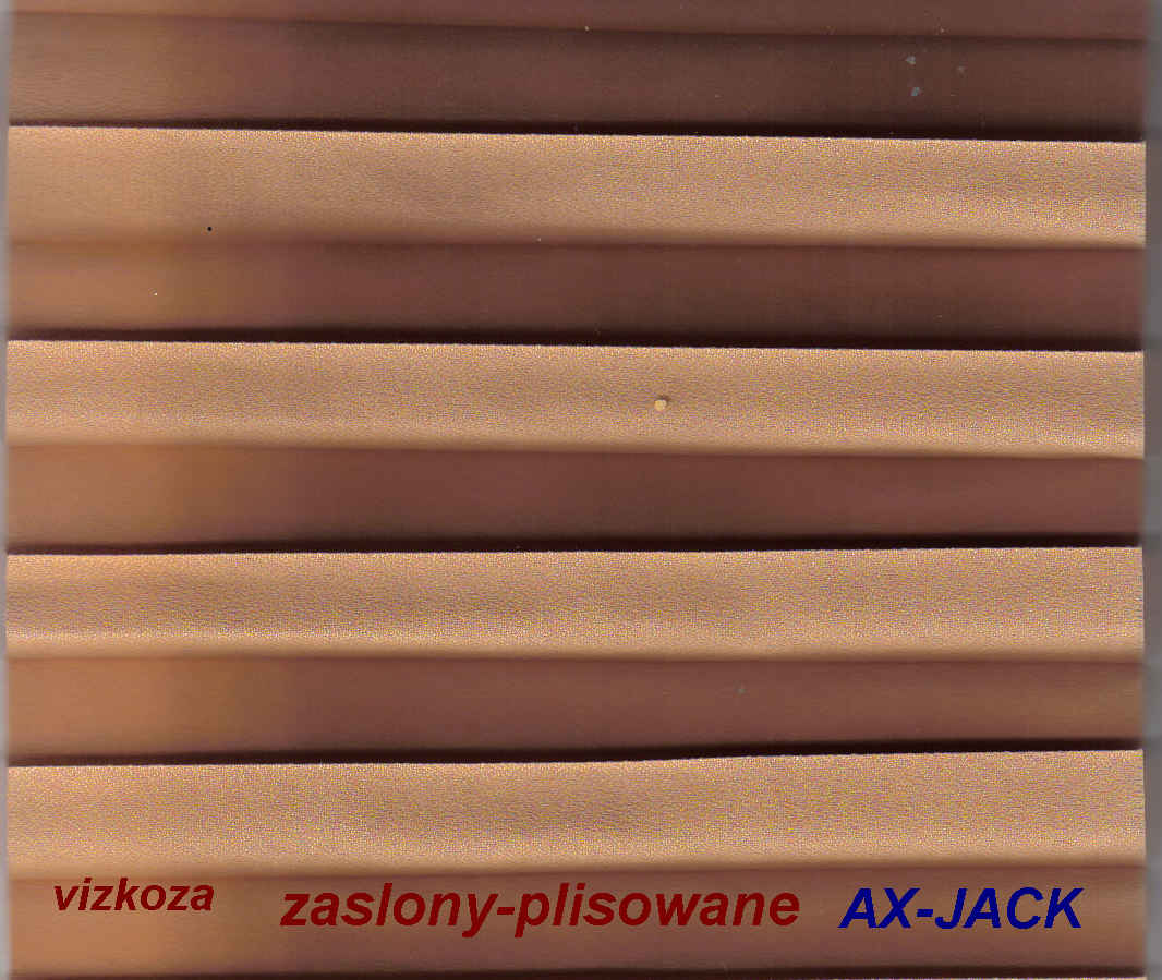 Beżowa zasłona plisowana z widoczną fakturą materiału i oznaczeniami 'vizkoza zasłony-plisowane AX-JACK'.
