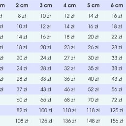 Craftico Damian Tomczak - Tabela cenowa przedstawiająca koszty różnych grubości i wysokości produktu, wyrażone w złotych.