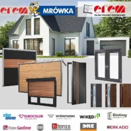 Kompozycja prezentująca bramy garażowe, okna i drzwi różnych producentów na tle domu jednorodzinnego z garażem.