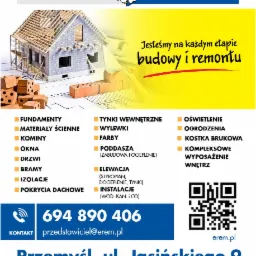 Reklama firmy budowlanej Erem Mrówka z wizualizacją domu w budowie, cegłami, narzędziem murarskim i listą usług.