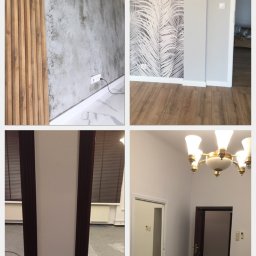 ArtDesign - Kolaż czterech zdjęć przedstawiających wykończone wnętrza w Gdańsku: ściana z drewnianymi panelami i szarą fakturą, ściana z tapetą w palmy, fragment kolumny z ciemnym obramowaniem, oraz pokój...