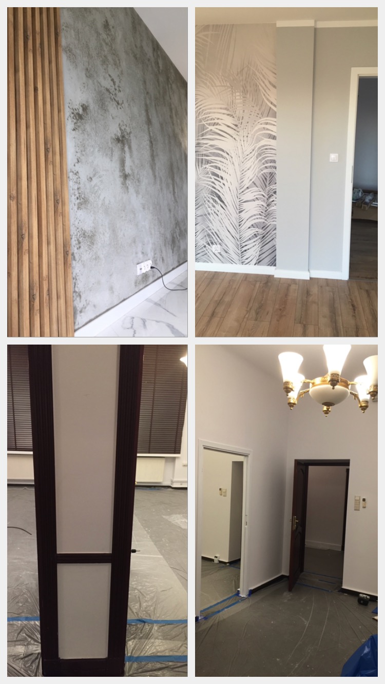 Kolaż czterech zdjęć przedstawiających wykończone wnętrza w Gdańsku: ściana z drewnianymi panelami i szarą fakturą, ściana z tapetą w palmy, fragment kolumny z ciemnym obramowaniem, oraz pokój...