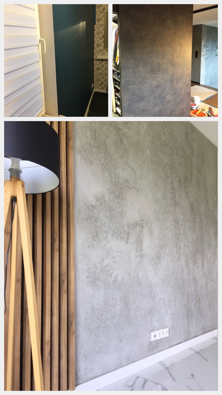 Fragmenty wnętrz z różnymi wykończeniami ścian: ciemny turkus, szary beton, jasny tynk dekoracyjny, drewniane lamele i marmurowa podłoga.