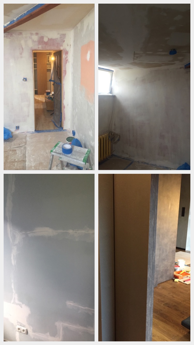 Cztery kadry z remontowanego mieszkania: przygotowanie ścian do malowania, szpachlowanie, zabezpieczanie folią, widoczny grzejnik i fragmenty podłogi.