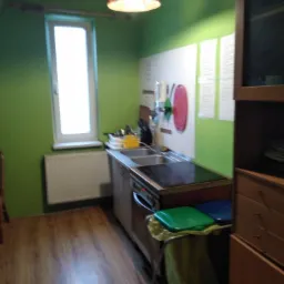 Kuchnia z zielonymi ścianami, wyposażona w okno, grzejnik, zlew, kuchenkę, szafki i wiszące akcesoria kuchenne oraz lampę w stylu retro.