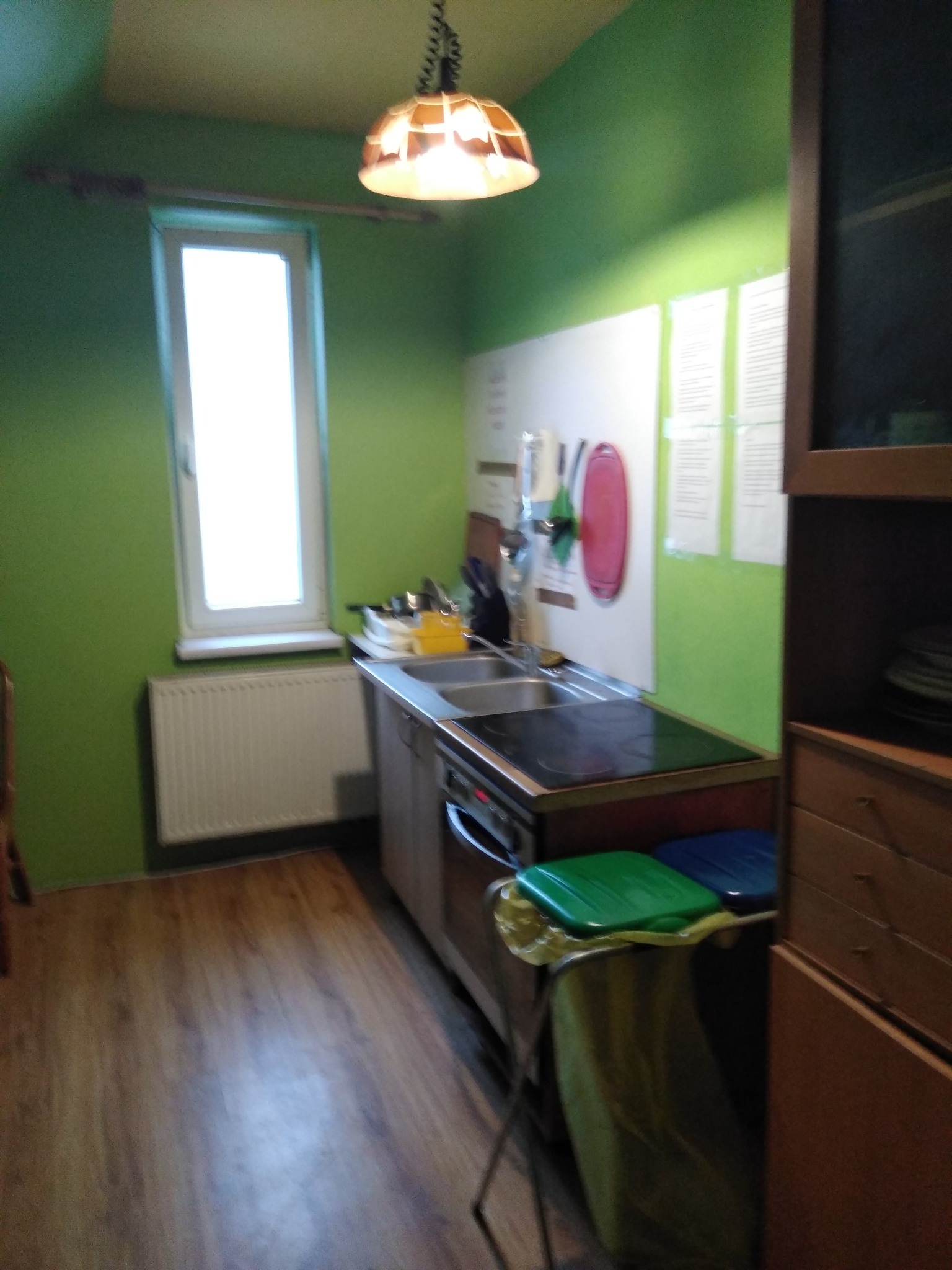 Kuchnia z zielonymi ścianami, wyposażona w okno, grzejnik, zlew, kuchenkę, szafki i wiszące akcesoria kuchenne oraz lampę w stylu retro.