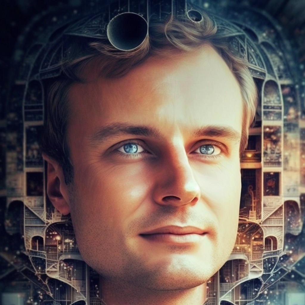 Portret mężczyzny z niebieskimi oczami, nałożony na wizualizację architektoniczną wnętrza budynku z elementami kopuły i galerii.