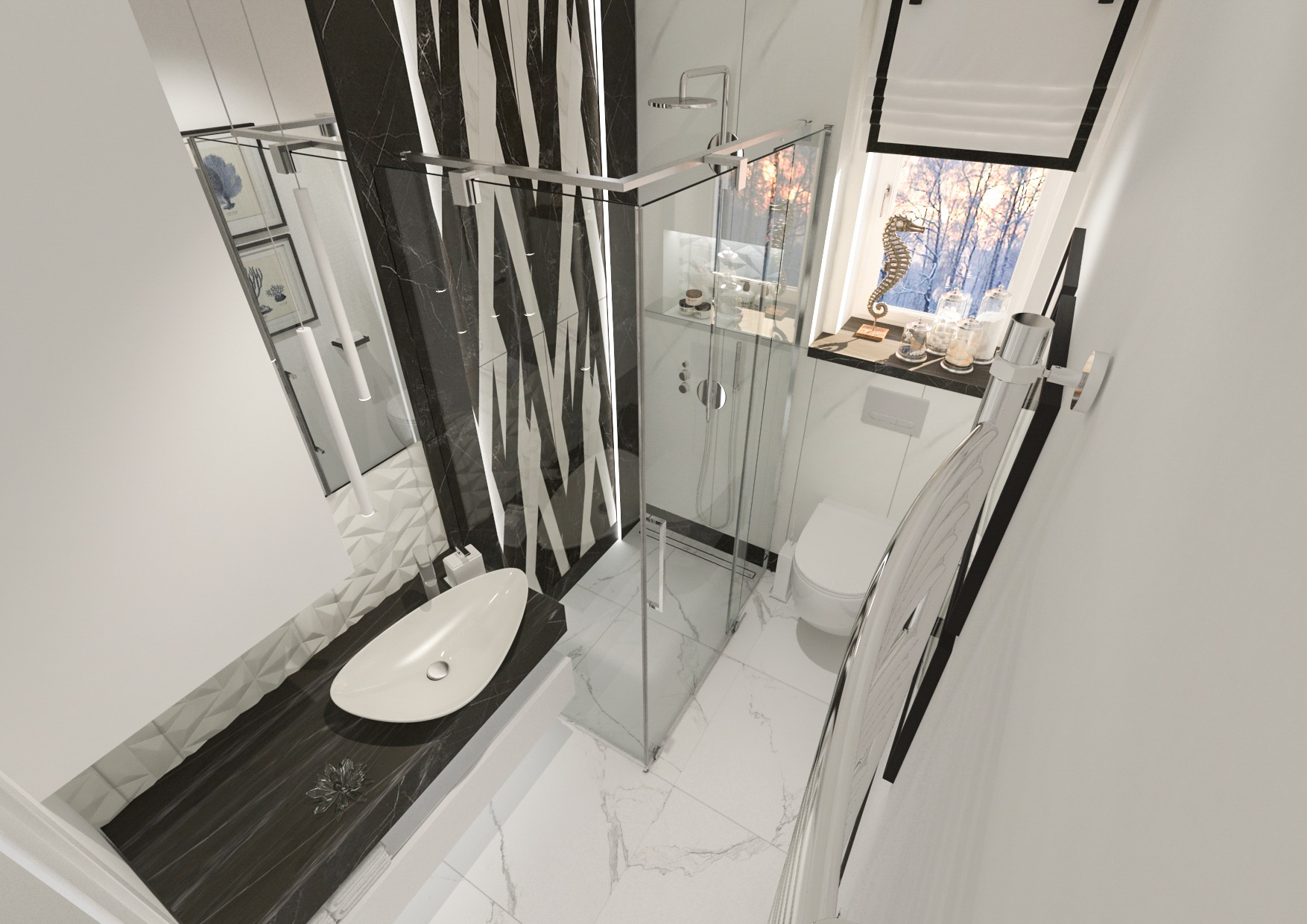 Wnętrze nowoczesnej łazienki z marmurowymi akcentami, kabiną prysznicową ze szklanymi ściankami, umywalką w kształcie łzy na ciemnym blacie i dekoracjami okiennymi w postaci figurek morskich.