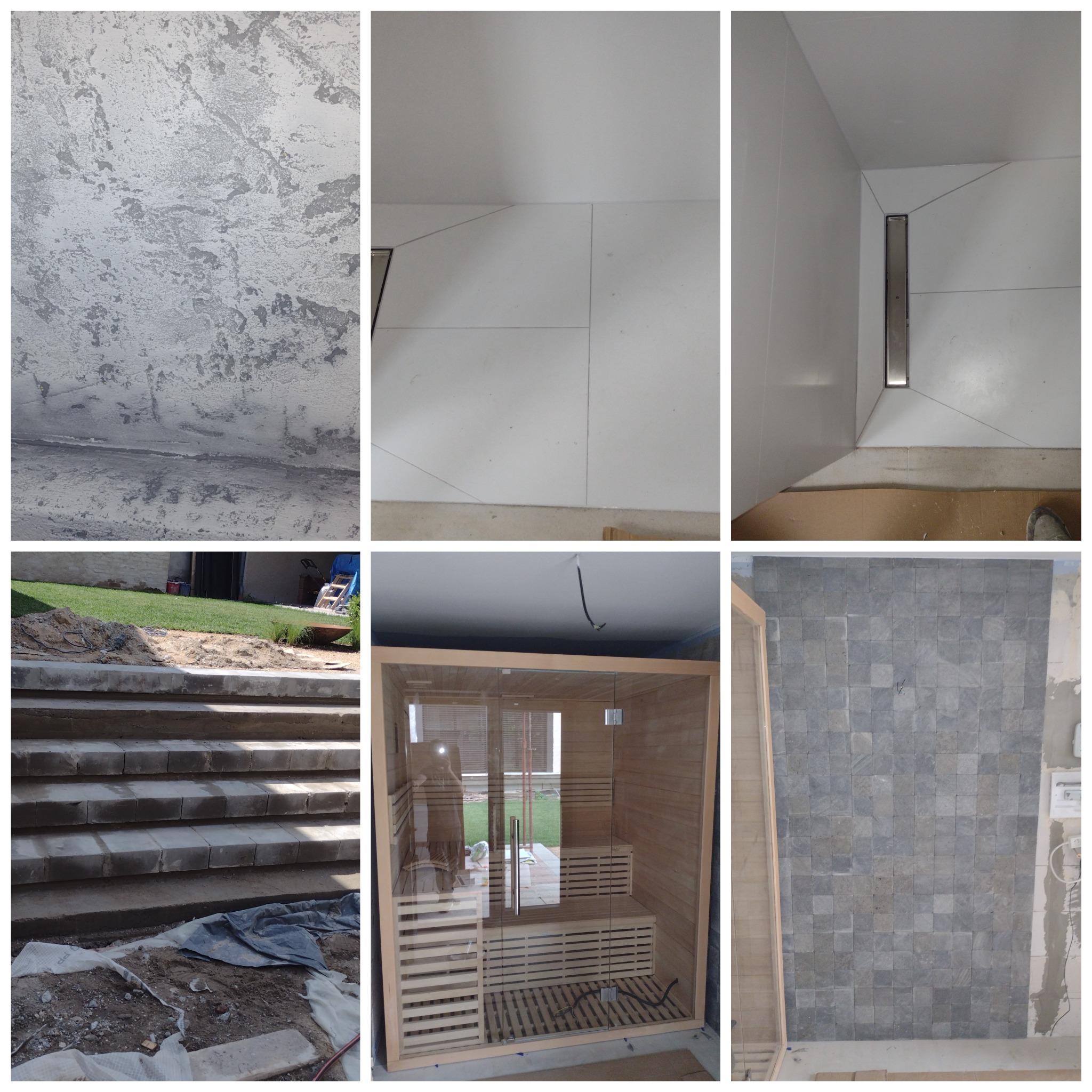 Płytki kamienne, montaż sauny, schody z bloczków oraz odpływ liniowy