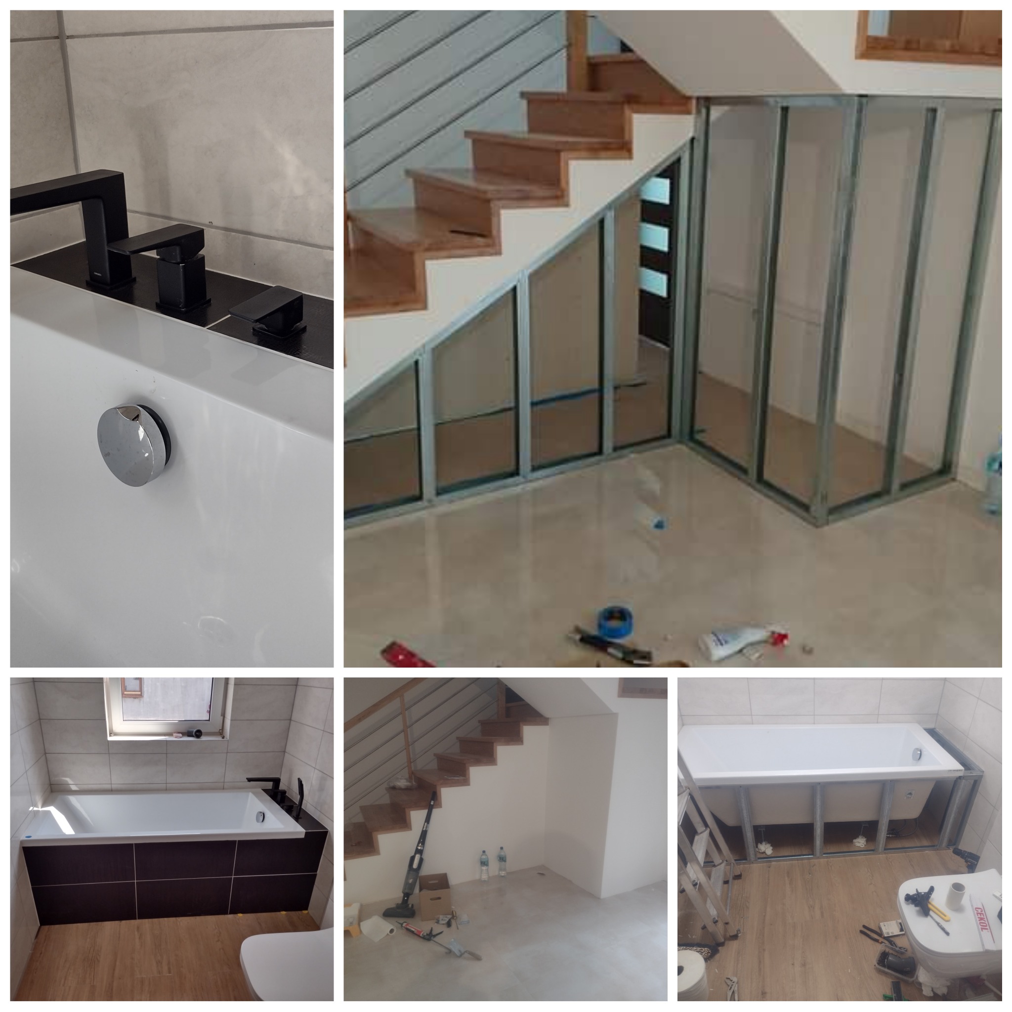 Zabudowa gk schodów oraz wanny z oplytkowaniem i białym montażem