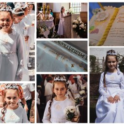 Monika Denes FOTOGRAFIA - Mozaika zdjęć z uroczystości Pierwszej Komunii Świętej: portrety dziewczynek w białych sukienkach z wiankami, wnętrze kościoła z dekoracjami kwiatowymi, pamiątkowa świeca z datą i księga z cytatem.