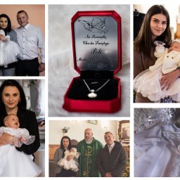 Monika Denes FOTOGRAFIA - Kolaż zdjęć z uroczystości chrztu: rodzina z dzieckiem, pamiątka chrztu - srebrny medalik w czerwonym pudełku, matka trzymająca dziecko, ksiądz z rodziną, szatka do chrztu ze świecą.