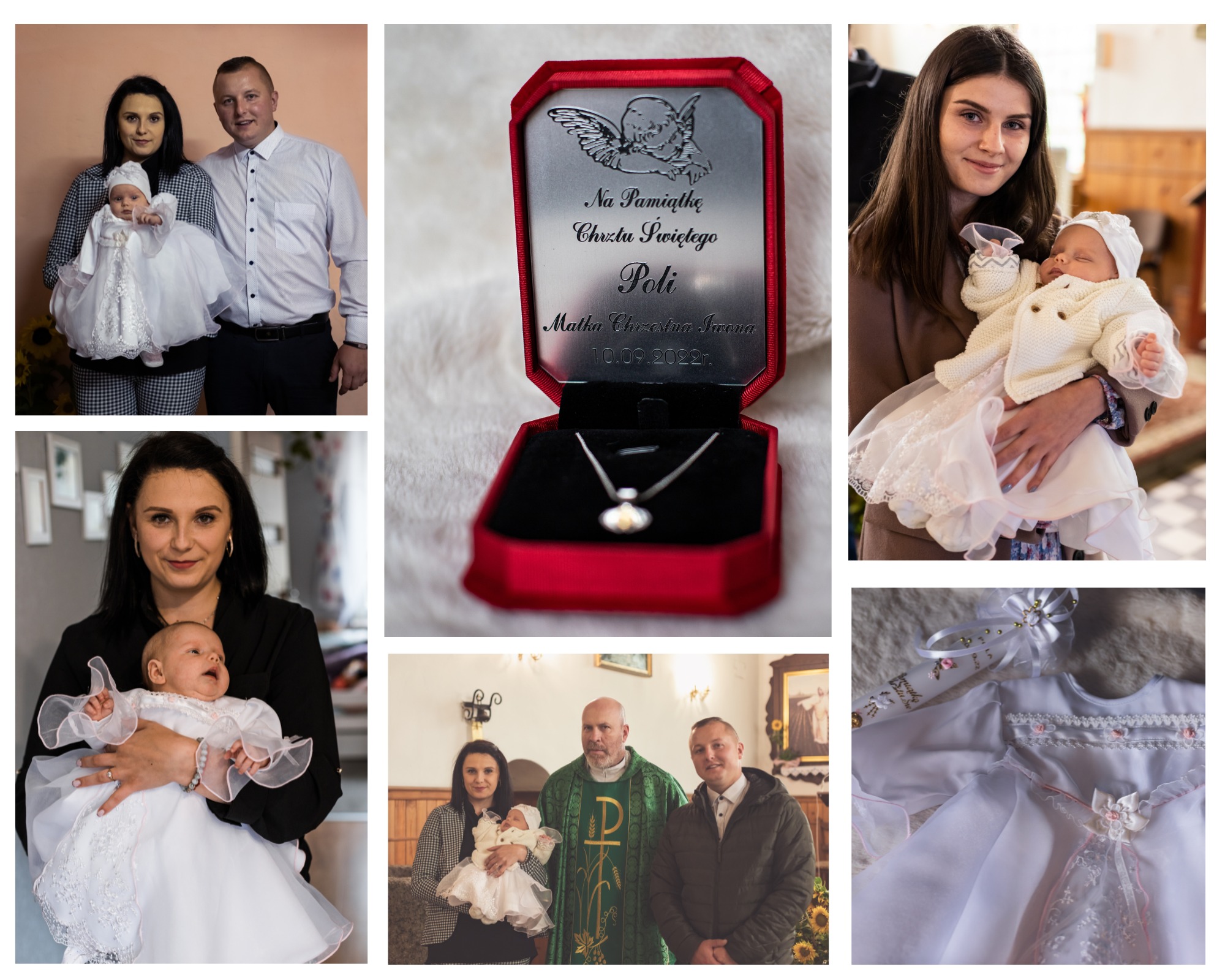 Kolaż zdjęć z uroczystości chrztu: rodzina z dzieckiem, pamiątka chrztu - srebrny medalik w czerwonym pudełku, matka trzymająca dziecko, ksiądz z rodziną, szatka do chrztu ze świecą.