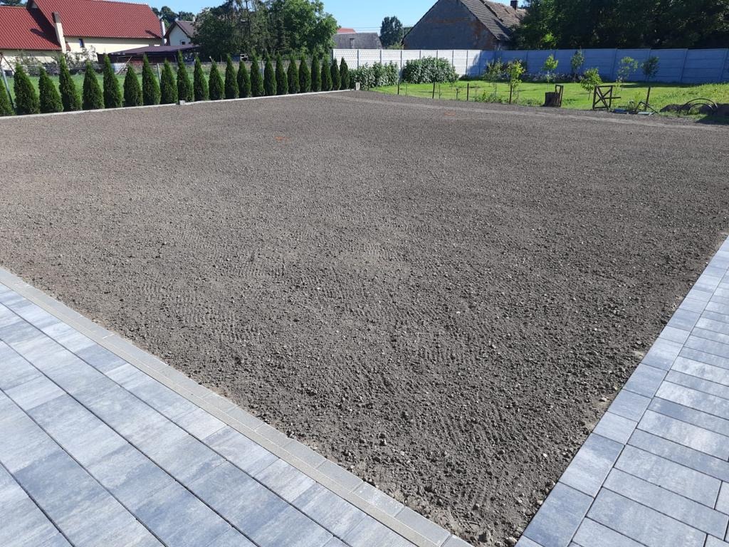 Przygotowany teren pod trawnik z widocznymi śladami po bronowaniu, obrzeża wyłożone kostką brukową, w tle rząd tuj i domy.