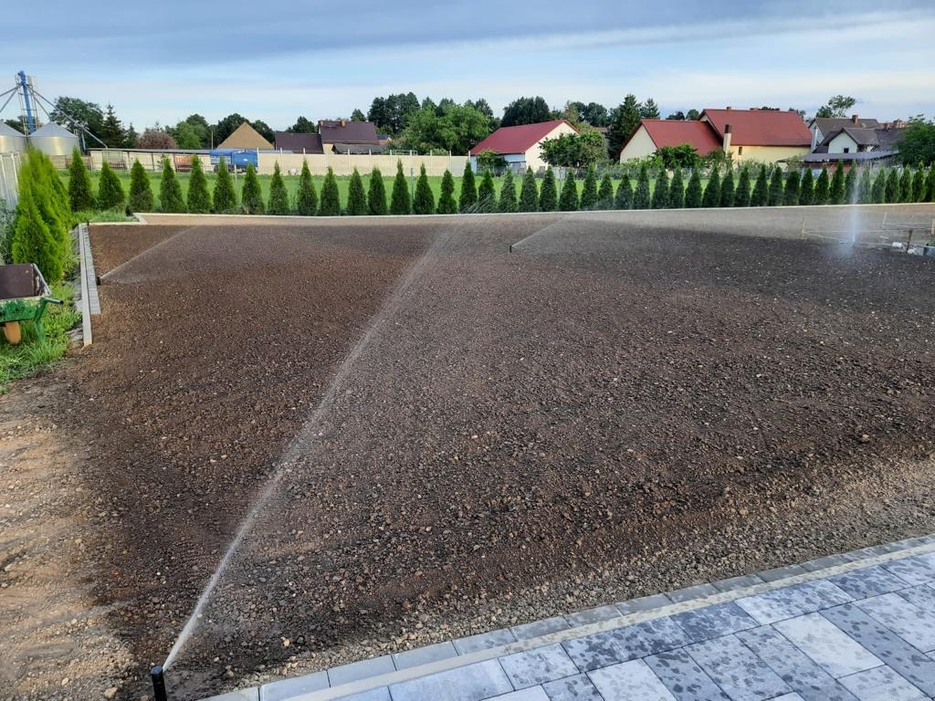 Automatyczne nawadnianie świeżo przygotowanego gruntu pod trawnik, widoczne zraszacze w akcji, w tle rząd tuj i zabudowa jednorodzinna.