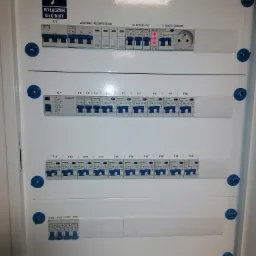 Otwarta skrzynka bezpiecznikowa z wyłącznikiem głównym, zabezpieczeniami przepięciowymi, kontrolą faz i gniazdem serwisowym, widoczne liczne bezpieczniki Schrack