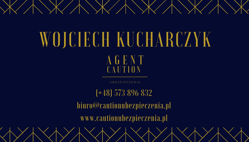 Wizytówka agenta ubezpieczeniowego Wojciecha Kucharczyka na granatowym tle z geometrycznym złotym obramowaniem, zawierająca dane kontaktowe: numer telefonu, adres e-mail i adres strony internetowej.