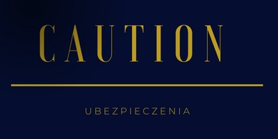 Logo firmy ubezpieczeniowej na ciemnoniebieskim tle z napisem 'CAUTION' i 'UBEZPIECZENIA' w złotym kolorze.
