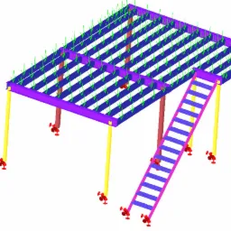 Wizualizacja 3D stalowej platformy z drabinką, ukazująca analizę obciążenia za pomocą strzałek, na białym tle.