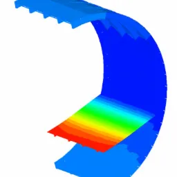 Wizualizacja 3D przekroju konstrukcji tunelu z zaznaczonym rozkładem naprężeń w postaci gradientu kolorów, od czerwonego (największe naprężenia) do niebieskiego (najmniejsze naprężenia).