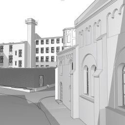 Model 3D budynków i infrastruktury szpitala w Poznaniu wykonany z chmury punktów.