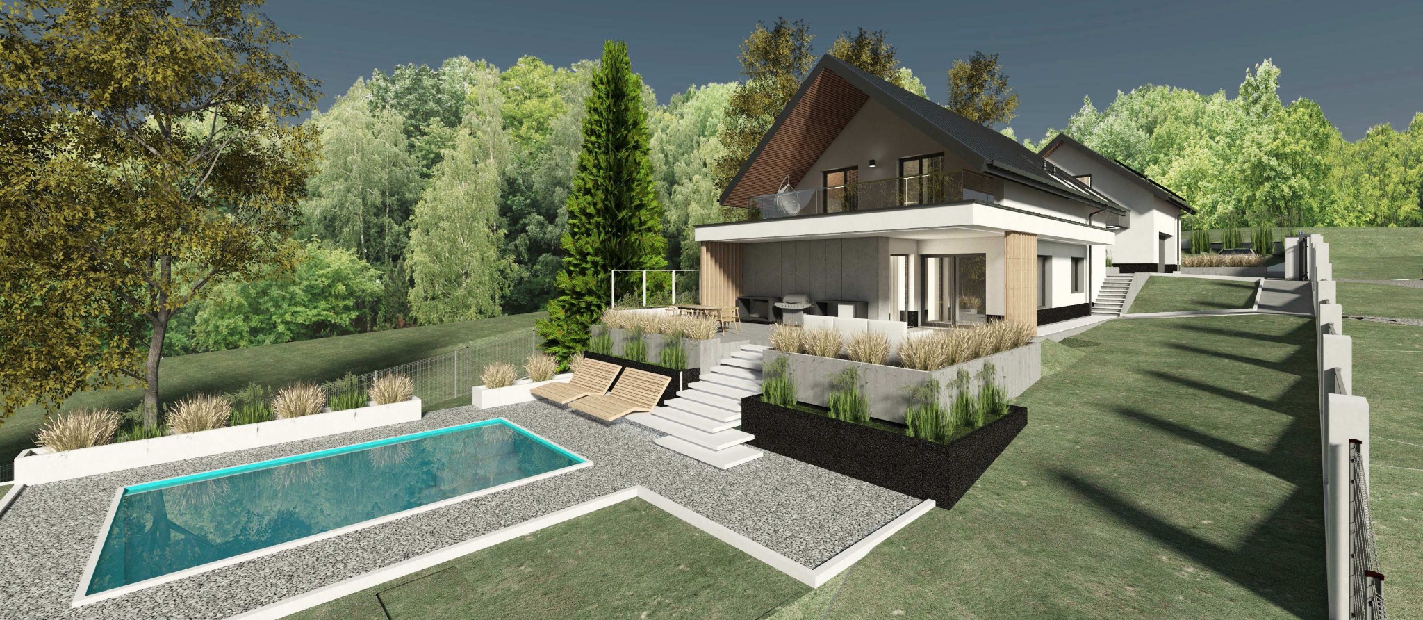 Indywidualny projekt domu na stoku - pochyła działka w Bibicach.