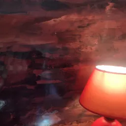 Czerwona lampka nocna z abażurem na tle ściany z dekoracyjnym malowaniem w odcieniach czerwieni i szarości.