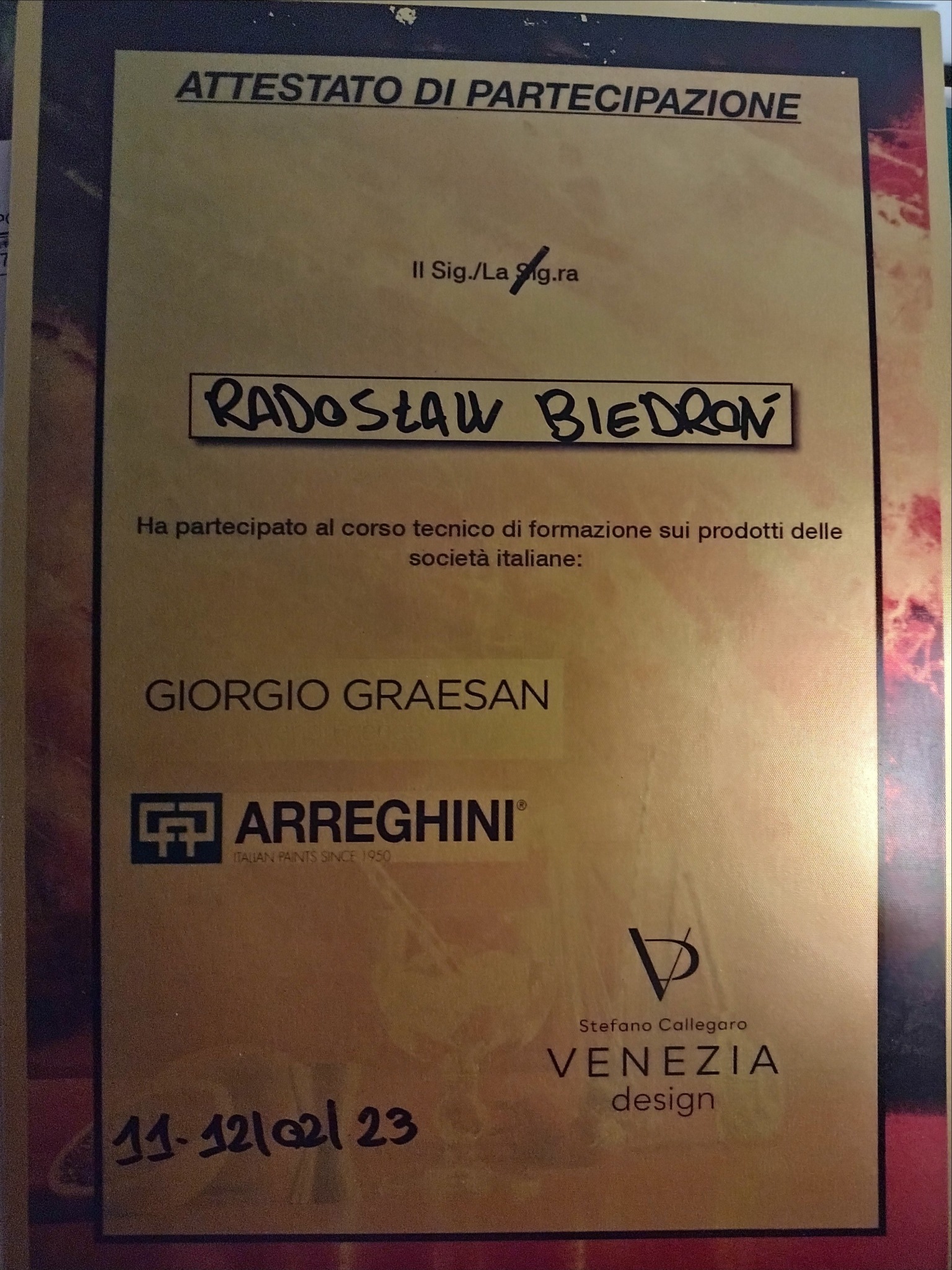 Certyfikat uczestnictwa w kursie technicznym Giorgio Graesan i Arreghini, z imieniem Radosław Biedroń, wydany przez Stefano Callegaro Venezia Design, z datą 11-12-2023.