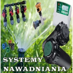 Zestaw komponentów do automatycznego systemu nawadniania: zraszacze rotacyjne i statyczne, elektrozawory z przewodami, sterownik Wi-Fi ESP-RZXe, dysze o różnych parametrach na tle zielonego...
