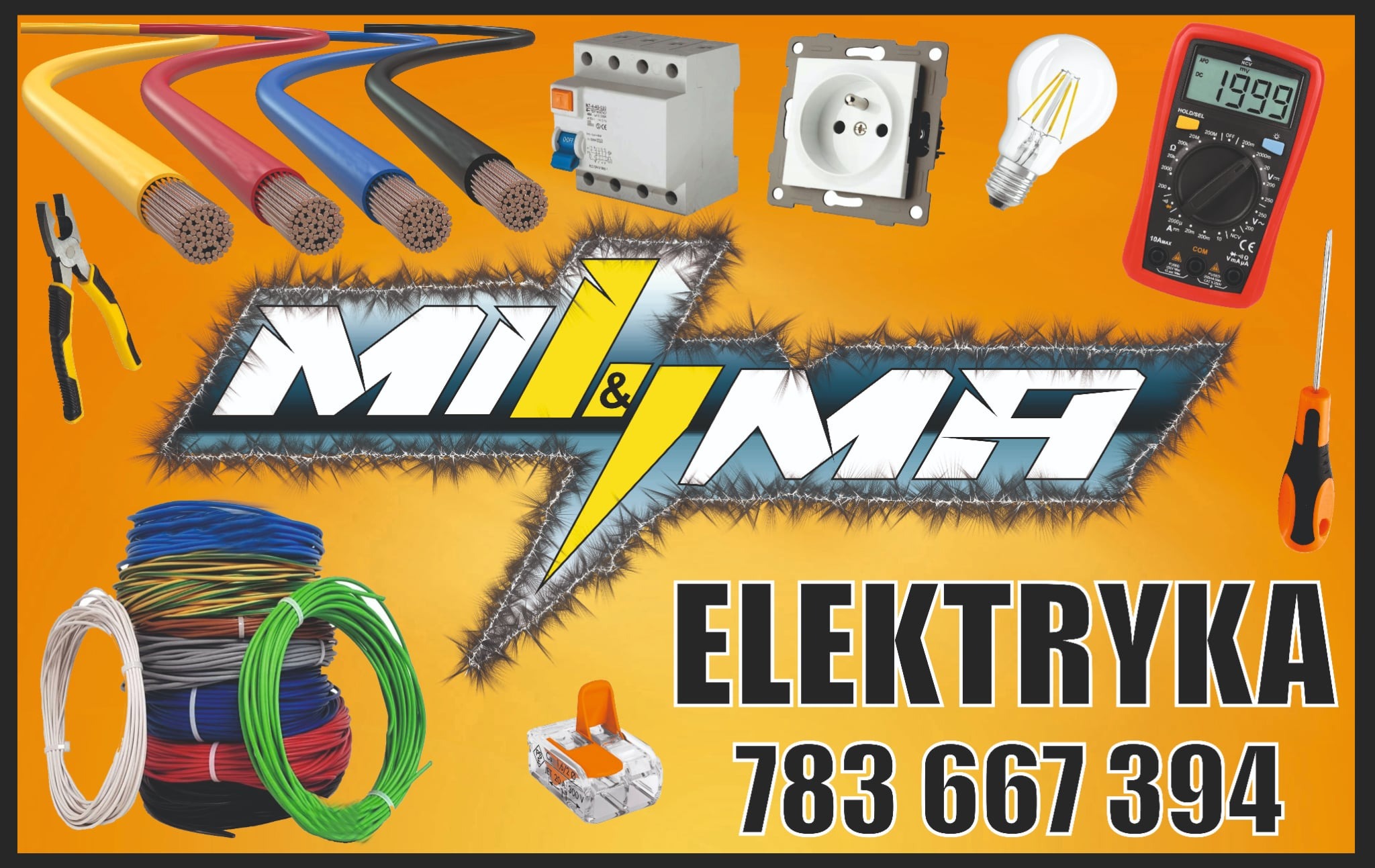 Ilustracja z elementami elektrycznymi: kable, gniazdko, bezpiecznik, żarówka, multimetr, wago, wkrętak, szczypce. Reklama firmy elektrycznej z numerem telefonu.