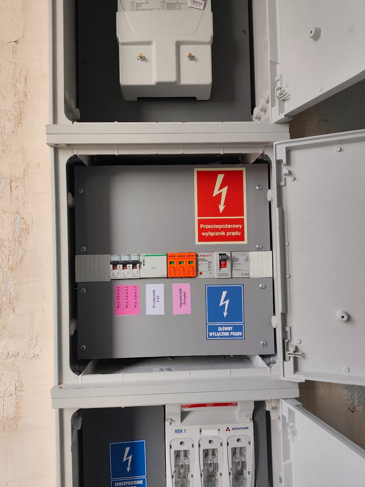 Otwarta skrzynka elektryczna z bezpiecznikami, wyłącznikami i oznaczeniami, w tym 'Przeciwpożarowy wyłącznik prądu' i 'Główny wyłącznik prądu'. Widoczne elementy instalacji.