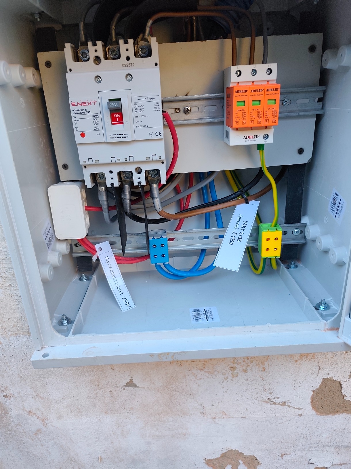 Rozdzielnica elektryczna z zainstalowanym wyłącznikiem nadprądowym, ogranicznikiem przepięć i podłączonymi przewodami. Widoczne oznaczenia przewodów i komponentów.