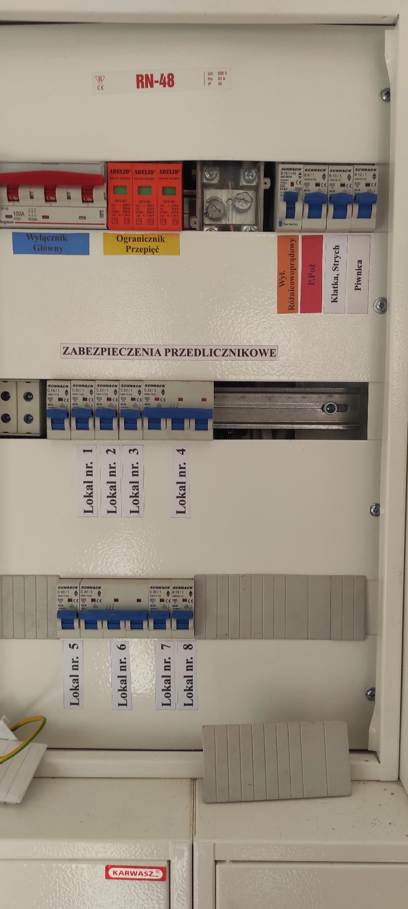 Tablica rozdzielcza z zabezpieczeniami przedlicznikowymi, opisana dla lokali 1-8, z wyłącznikiem głównym i ogranicznikiem przepięć. Widoczne bezpieczniki i oznaczenia.