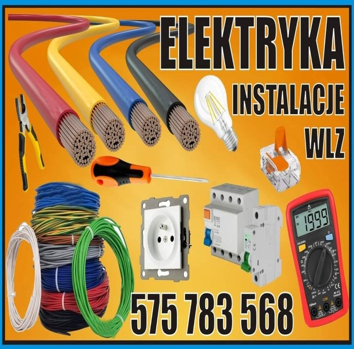 Kompozycja reklamowa z przewodami w kolorach czerwonym, żółtym, niebieskim i czarnym, narzędziami elektrycznymi, gniazdkiem, wyłącznikiem, miernikiem cyfrowym i żarówką na pomarańczowym tle,...